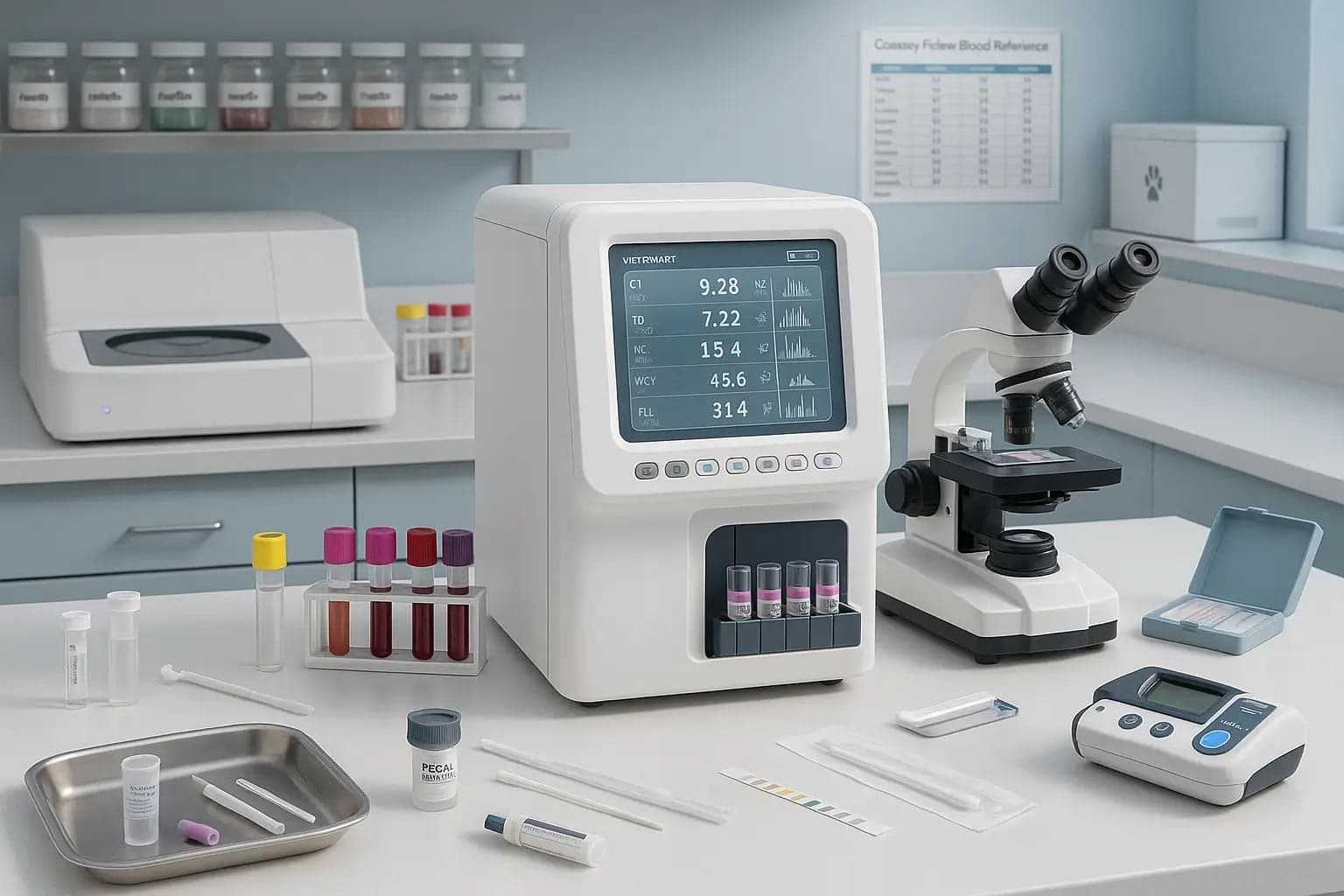 Veterinary diagnostic laboratory with hematology analyzer and microscope equipment
