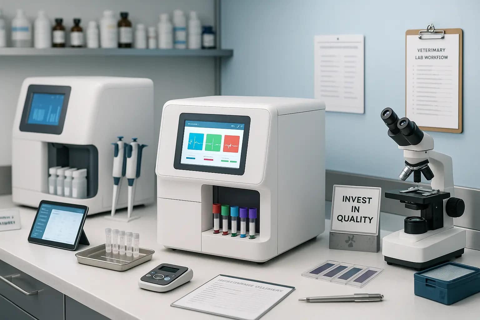 Modern veterinary laboratory workspace with diagnostic equipment